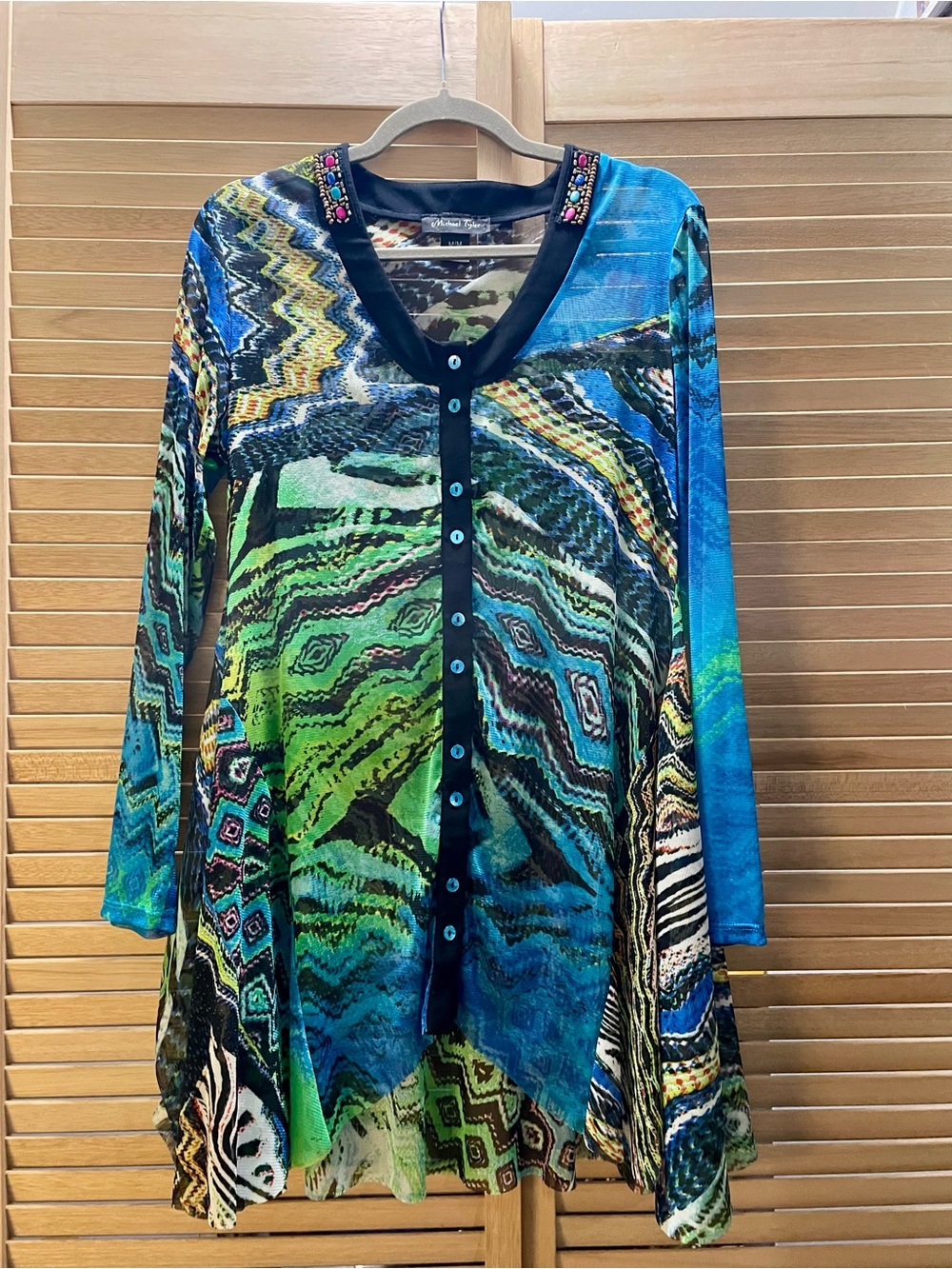 Michael Tyler Swing Tunic Blouse Abstract Print Blue & Green, Size M